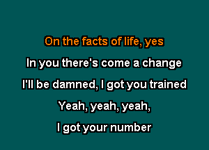 0n the facts of life, yes

In you there's come a change

I'll be damned, I got you trained

Yeah. yeah. yeah,

I got your number