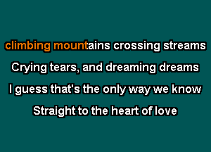 climbing mountains crossing streams
Crying tears, and dreaming dreams
I guess that's the only way we know

Straight to the heart of love