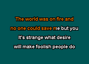 The world was on fire and
no one could save me but you

It's strange what desire

will make foolish people do