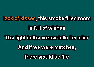 lack of kisses, this smoke f'llled room
is full ofwishes
The light in the corner tells I'm a liar
And ifwe were matches,

there would be fire