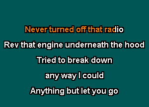 Never turned off that radio
Rev that engine underneath the hood
Tried to break down

any way I could

Anything but let you go