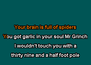 Your brain is full of spiders
You got garlic in your soul Mr Grinch
I wouldn't touch you with a

thirty nine and a halffoot pole
