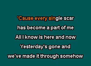 'Cause every single scar
has become a part of me
All I know is here and now
Yesterday's gone and

we've made it through somehow