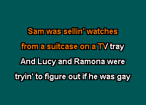 Sam was sellin' watches
from a suitcase on a TVtray

And Lucy and Ramona were

tryin' to figure out if he was gay