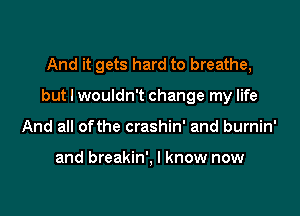 And it gets hard to breathe,

but I wouldn't change my life

And all ofthe crashin' and burnin'

and breakin', I know now