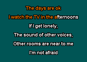 The days are ok
lwatch the TV in the afternoons

lfl get lonely,

The sound of other voices,

Other rooms are near to me

I'm not afraid