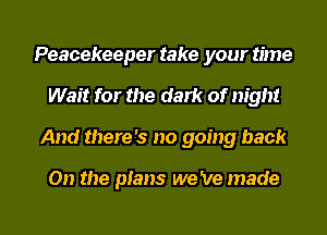 Peacekeeper take your time
Wait for the dark of night
And there's no going back

On the plans we 've made