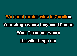 We could double wide in Carolina
Winnebago where they can't find us

West Texas out where

the wild things are