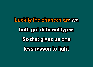 Luckily the chances are we

both got different types

80 that gives us one

less reason to fight