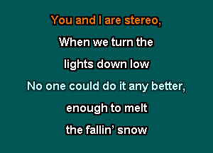You and I are stereo,
When we turn the

lights down low

No one could do it any better,

enough to melt

the falliw snow