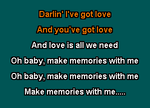 Darlin' I've got love
And you've got love
And love is all we need
Oh baby, make memories with me
Oh baby, make memories with me

Make memories with me .....