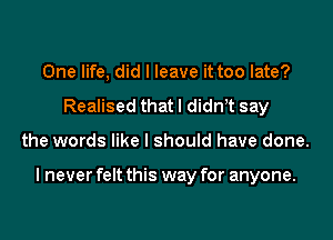 One life, did I leave it too late?
Realised that I diant say
the words like I should have done.

I never felt this way for anyone.