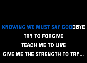 KHOWIHG WE MUST SAY GOODBYE
TRY TO FORGIVE
TERCH ME TO LIVE
GIVE ME THE STRENGTH TO TRY...