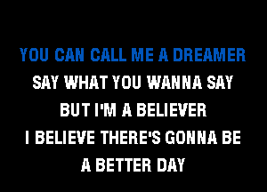 YOU CAN CALL ME A DREAMER
SAY WHAT YOU WANNA SAY
BUT I'M A BELIEVER
I BELIEVE THERE'S GONNA BE
A BETTER DAY