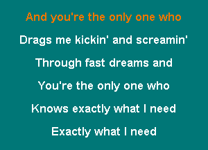 And you're the only one who
Drags me kickin' and screamin'
Through fast dreams and
You're the only one who
Knows exactly what I need

Exactly what I need