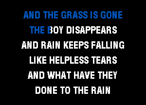 AND THE GRHSS IS GONE
THE BOY DISAPPEARS
AND RAIN KEEPS FALLING
LIKE HELPLESS TEARS
AND WHAT HAVE THEY
DOHE TO THE RAIN