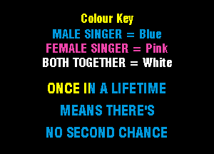 colour Key

MALE SINGER Blue
FEMALE SINGER Pink
BOTH TOGETHER White

ONCE IN A LIFETIME
MEANS THERE'S

H0 SECOND CHANCE l