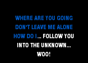 WHERE ARE YOU GOING
DON'T LEAVE ME ALONE

HOW DO I... FOLLOW YOU
INTO THE UNKNOWN...

W00! l