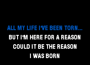 ALL MY LIFE I'VE BEEN TORH...
BUT I'M HERE FOR A REASON
COULD IT BE THE REASON
I WAS BORN