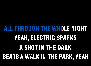 ALL THROUGH THE WHOLE NIGHT
YEAH, ELECTRIC SPARKS
A SHOT IN THE DARK
BEATS A WALK IN THE PARK, YEAH