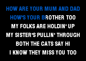 HOW ARE YOUR MUM AND DAD
HOW'S YOUR BROTHER T00
MY FOLKS ARE HOLDIH' UP

MY SISTER'S PULLIH' THROUGH

BOTH THE CATS SAY HI
I KNOW THEY MISS YOU TOO