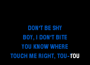 DON'T BE SHY

BOY, I DON'T BITE
YOU KNOW WHERE
TOUCH ME RIGHT, TOU-TOU