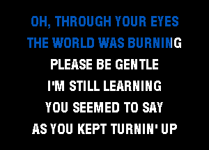 0H, THROUGH YOUR EYES
THE WORLD WAS BURNING
PLEASE BE GENTLE
I'M STILL LEARNING
YOU SEEMED TO SAY
AS YOU KEPT TURHIH' UP
