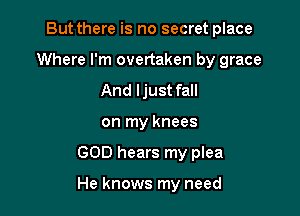 But there is no secret place
Where I'm overtaken by grace
And ljust fall
on my knees

GOD hears my plea

He knows my need