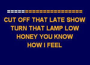 CUT OFF THAT LATE SHOW
TURN THAT LAMP LOW
HONEY YOU KNOW
HOW I FEEL