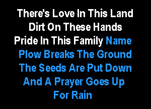 There's Love In This Land
Dirt 0n These Hands
Pride In This Family Name
Plow Breaks The Ground
The Seeds Are Put Down
And A Prayer Goes Up
For Rain