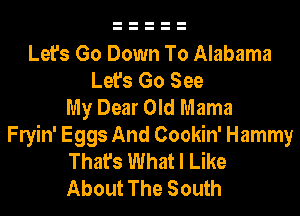 Let's Go Down To Alabama
Let's Go See
My Dear Old Mama
Flyin' Eggs And Cookin' Hammy
That's What I Like
About The South