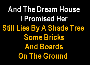 And The Dream House

I Promised Her
Still Lies By A Shade Tree

Some Bricks
And Boards
On The Ground