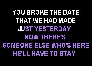 YOU BROKE THE DATE
THAT WE HAD MADE
JUST YESTERDAY
NOW THERE'S
SOMEONE ELSE WHO'S HERE
HE'LL HAVE TO STAY