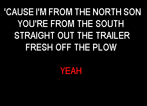 'CAUSEPMFROMTHENORTHSON
YOU'RE FROM THE SOUTH
STRAIGHT OUT THE TRAILER
FRESH OFF THE PLOW

YEAH