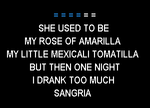 SHE USED TO BE
MY ROSE OF AMARILLA
MY LITTLE MEXICALI TOMATILLA
BUT THEN ONE NIGHT
I DRANK TOO MUCH
SANGRIA