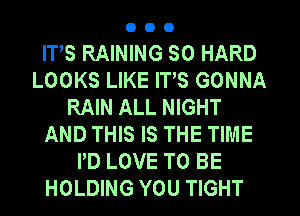 OOO

ITS RAINING SO HARD
LOOKS LIKE ITS GONNA
RAIN ALL NIGHT
AND THIS IS THE TIME
PD LOVE TO BE
HOLDING YOU TIGHT