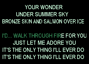 YOUR WONDER
UNDER SUMMER SKY
BRONZE SKIN AND SALMON OVER ICE

I'D... WALK THROUGH FIRE FOR YOU
JUST LET ME ADORE YOU

IT'S THE ONLY THING I'LL EVER DO

IT'S THE ONLY THING I'LL EVER DO