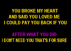 YOU BROKE MY HEART
AND SAID YOU LOVED ME
I COULD PAY YOU BACK IF YOU

AFTER WHAT YOU DID
I DON'T NEED YOU THAT'S FOR SURE