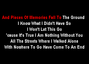 And Pieces Of Memories Fall To The Ground
I Know What I Didn't Have 80
IWon't Let This Go
'cause It's True I Am Nothing Without You
All The Streets Where I Walked Alone
With Nowhere To Go Have Come To An End