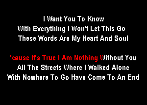 I Want You To Know
With Every1hing I Won't Let This Go
These Words Are My Head And Soul

'cause It's True I Am Nothing Without You
All The Streets Where I Walked Alone
With Nowhere To Go Have Come To An End