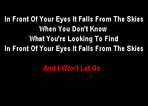 In Front Of Your Eyes It Falls From The Skies
When You Don't Know
WhatYou're Looking To Find
In Front Of Your Eyes It Falls From The Skies

And I Won't Let Go