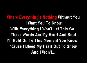 Where Every1hing's Nothing Without You
I Want You To Know
With Every1hing I Won't Let This Go
These Words Are My Head And Soul
l'II Hold On To This Moment You Know
'cause I Bleed My Head Out To Show
And I Won't...