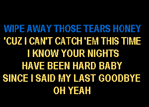 WIPE AWAY THOSE TEARS HONEY
'CUZ I CAN'T CATCH 'EM THIS TIME
I KNOW YOUR NIGHTS
HAVE BEEN HARD BABY
SINCE I SAID MY LAST GOODBYE
OH YEAH