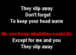 They slip away
Don't forget
To keep your head warm

No one knew what they could do
Except for me and you
They slip away
