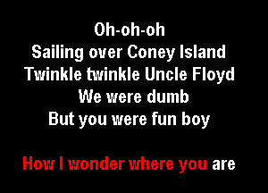 Oh-oh-oh
Sailing ouer Coney Island
Twinkle twinkle Uncle Floyd
We were dumb
But you were fun boy

How I wonder where you are