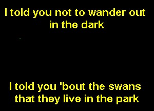 I told you not to wander out
in the dark

I told you 'bout the swans
that they live in the park