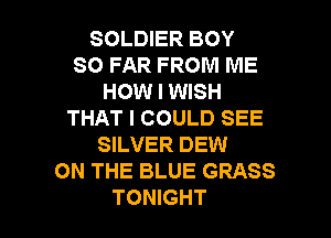 SOLDIER BOY
SO FAR FROM ME
HOW I WISH
THAT I COULD SEE
SILVER DEW
ON THE BLUE GRASS

TONIGHT l
