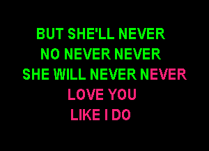 BUT SHE'LL NEVER
N0 NEVER NEVER
SHE WILL NEVER NEVER
LOVE YOU
LIKE I DO