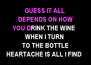 GUESS IT ALL
DEPENDS ON HOW
YOU DRINK THE WINE
WHEN ITURN
TO THE BOTTLE
HEARTACHE IS ALL I FIND