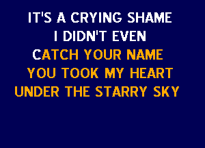 IT'S A CRYING SHAME
I DIDN'T EVEN
CATCH YOUR NAME
YOU TOOK MY HEART
UNDER THE STARRY SKY